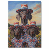 Mother German Shorthaired Pointer with Three Puppies Wearing Patriotic Hats and Outfits in a Flower Field on Ready to Hang 1.5" Thick Canvas Wrap, Floating Framed Canvas, Flat Rolled Canvas